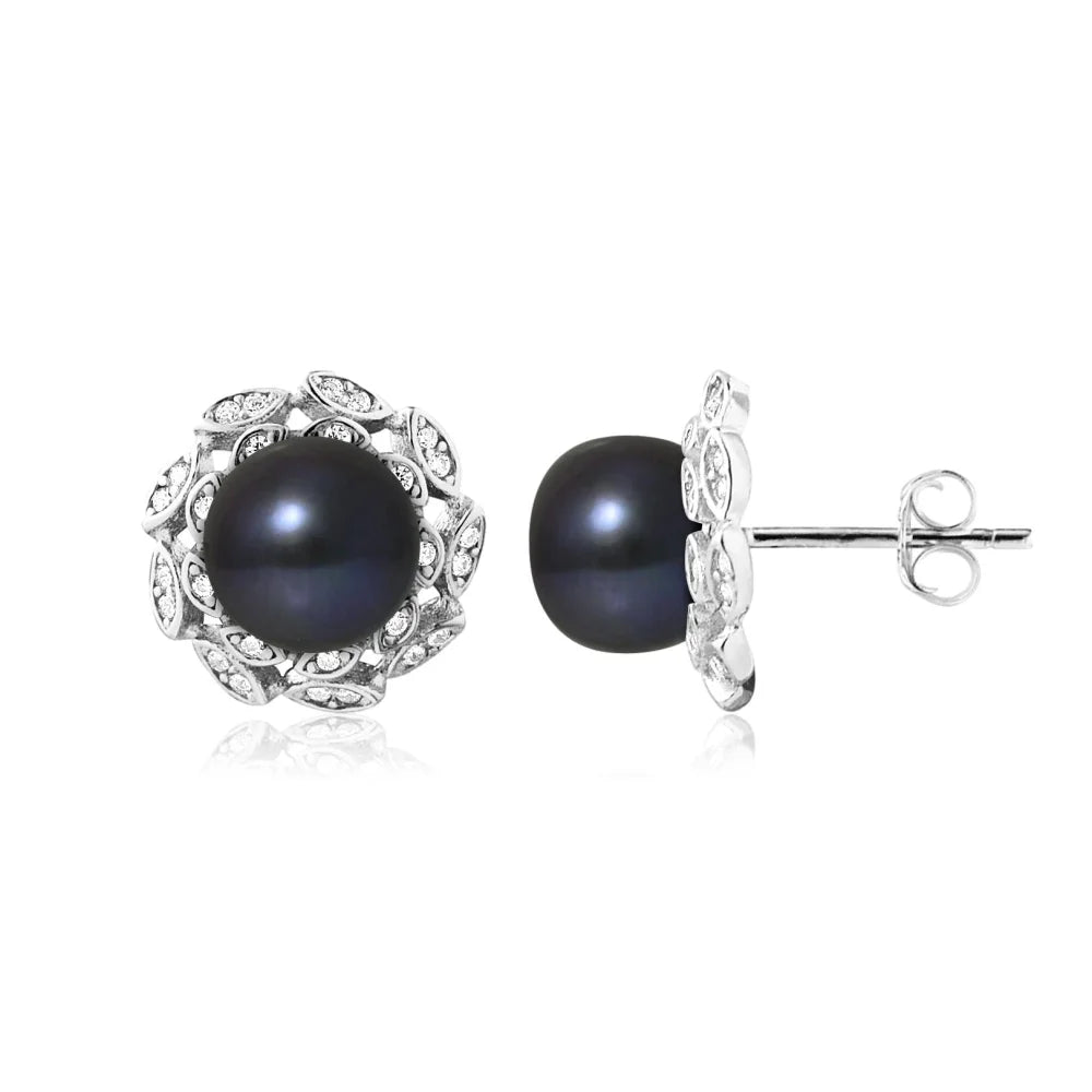 Boucles D'oreilles Clous En Argent Massif Avec Perles Noires Et Zirconiums - Occasion, Style épuré