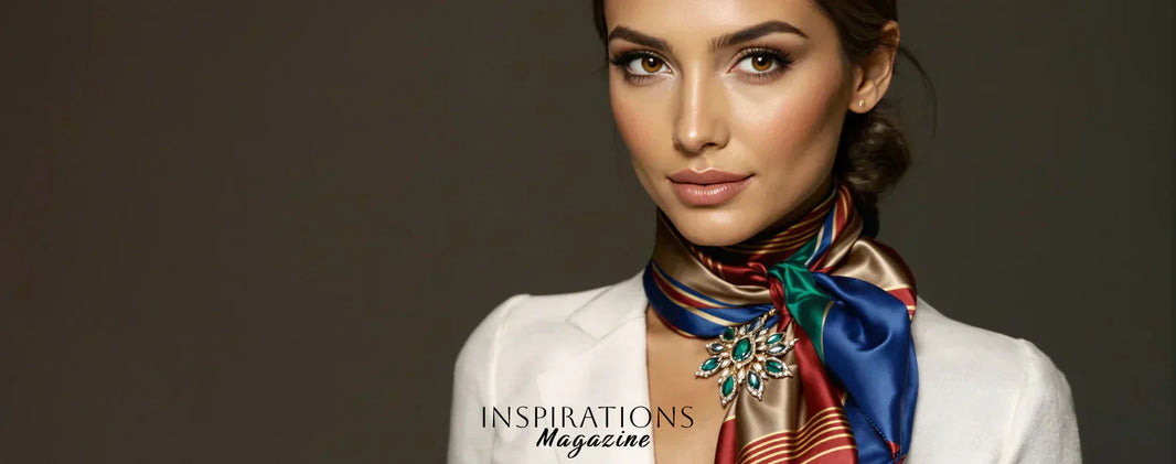 femme avec un foulard en cachemire coloré et un bijou à foulard
