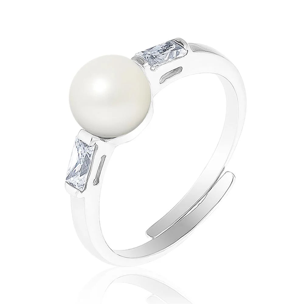 Bague perle blanche avec oxydes de zirconium