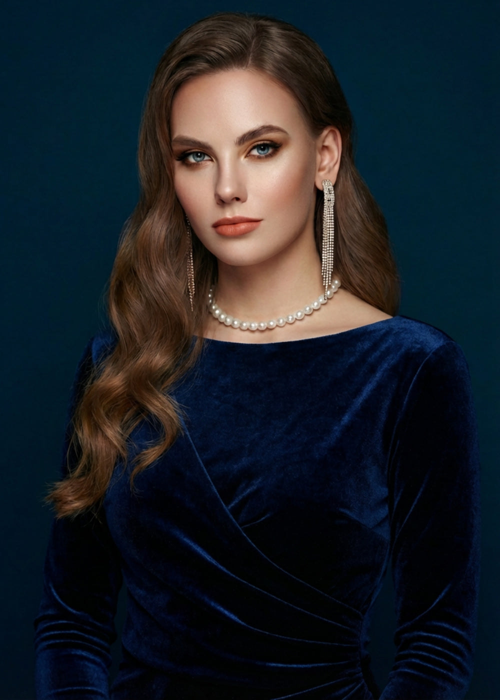 femme collier perles robe bleue